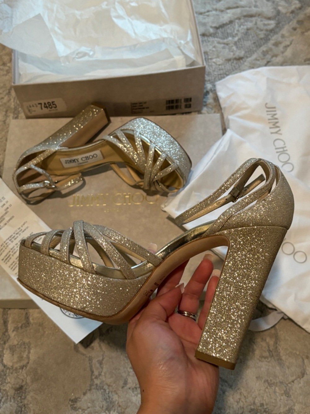 Jimmy Choo Gold Glitter Platform Block Heel Sandals